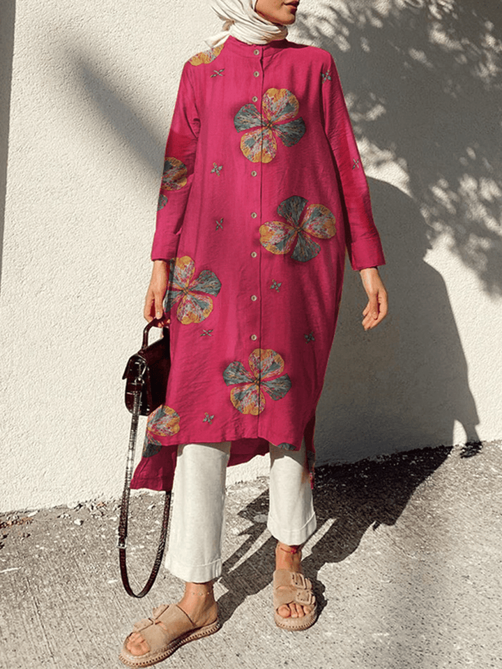 Women Cotton Flowers Print Kaftan Long Sleeve Retro Shirt Dress - MRSLM