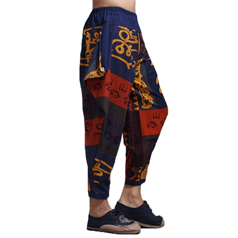 Mens Ethnic Printed Cotton Loose Baggy Bloomers Harem Pants