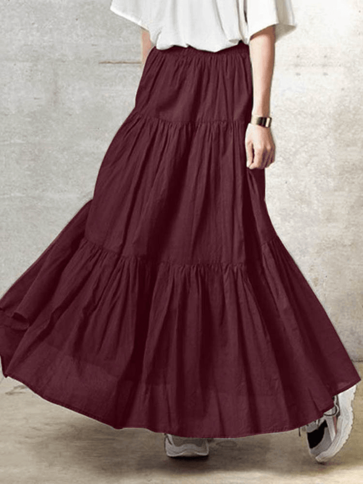 Solid Color Big Swing Elastic Waist Pleated Casual Long Skirt for Women