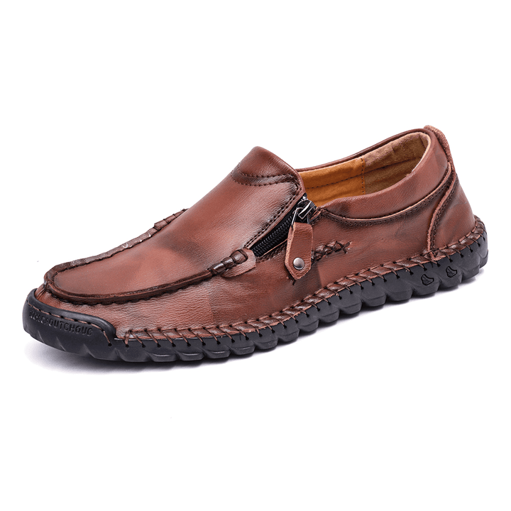 Menico Men Leather Hand Stitching Non Slip Side Zipper Casual Flats