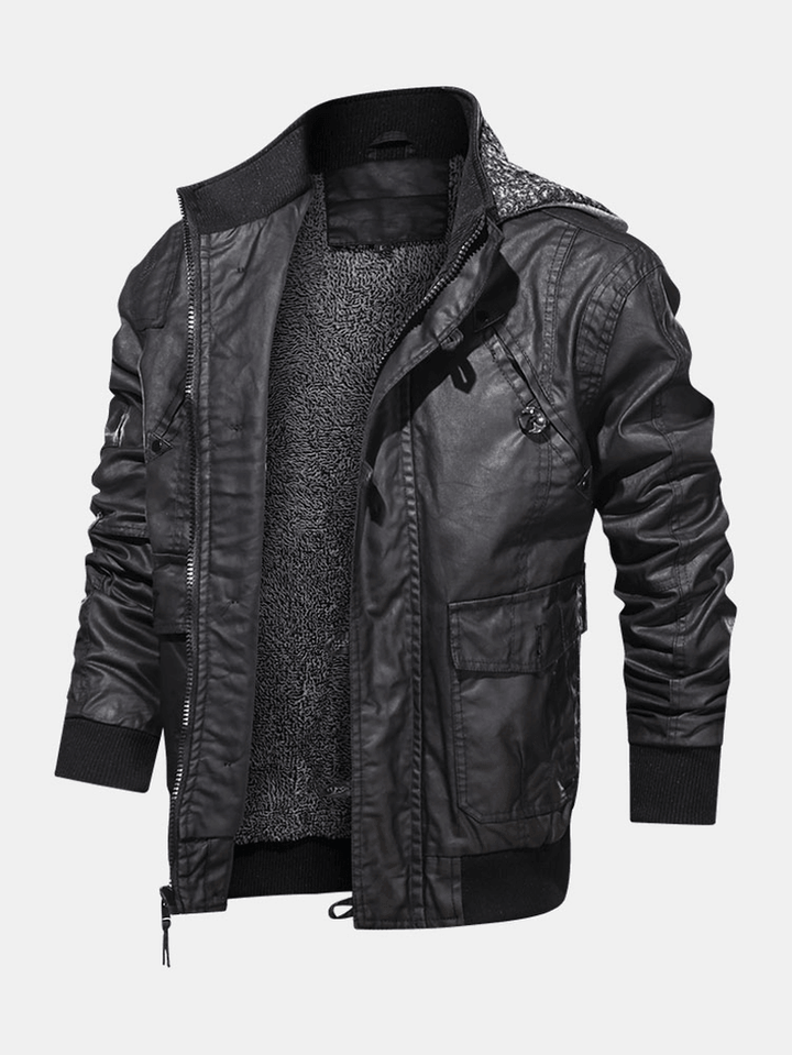 Mens Hooded Pocket PU Leather Motorcycle Jacket