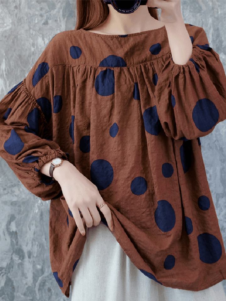 Women Vintage Polka Dot Print Puff Sleeve Loose Pleated Blouse