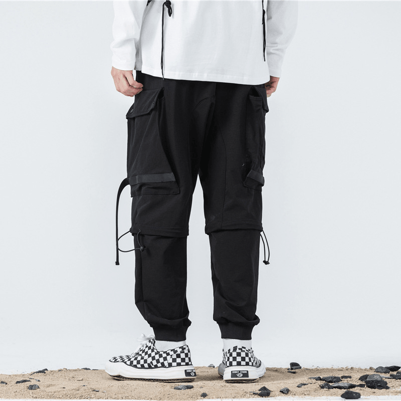 Overalls Men'S Spring and Autumn Dark Black Functional Wind Pants Webbing Drawstring Trousers