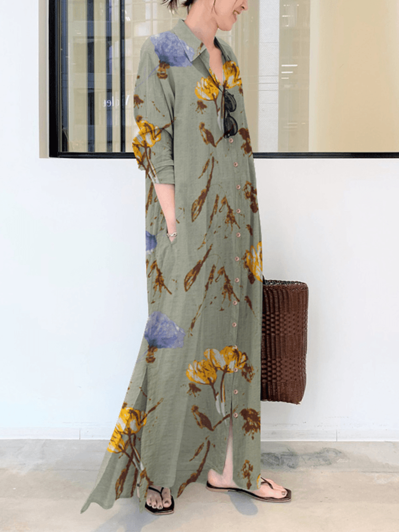 Floral Printed Lapel Collar Long Sleeve Button Split Hem Maxi Shirt Dress with Pocket