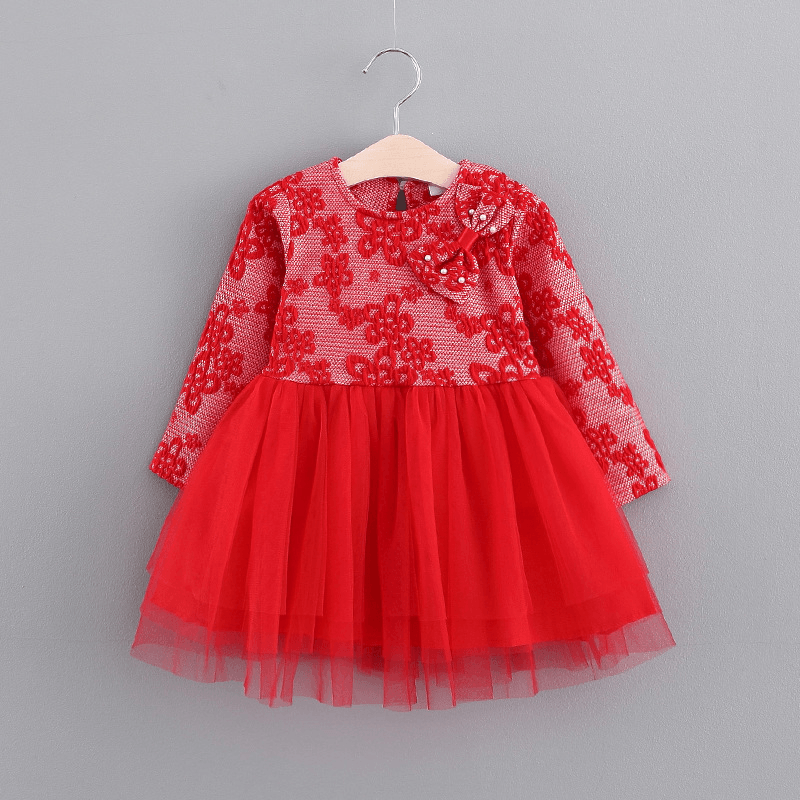 In the Autumn of 2021 New Girls Princess Dress Children Skirt Pearl Ribbon Gauze Long Sleeved Bottoming Baby Skirt