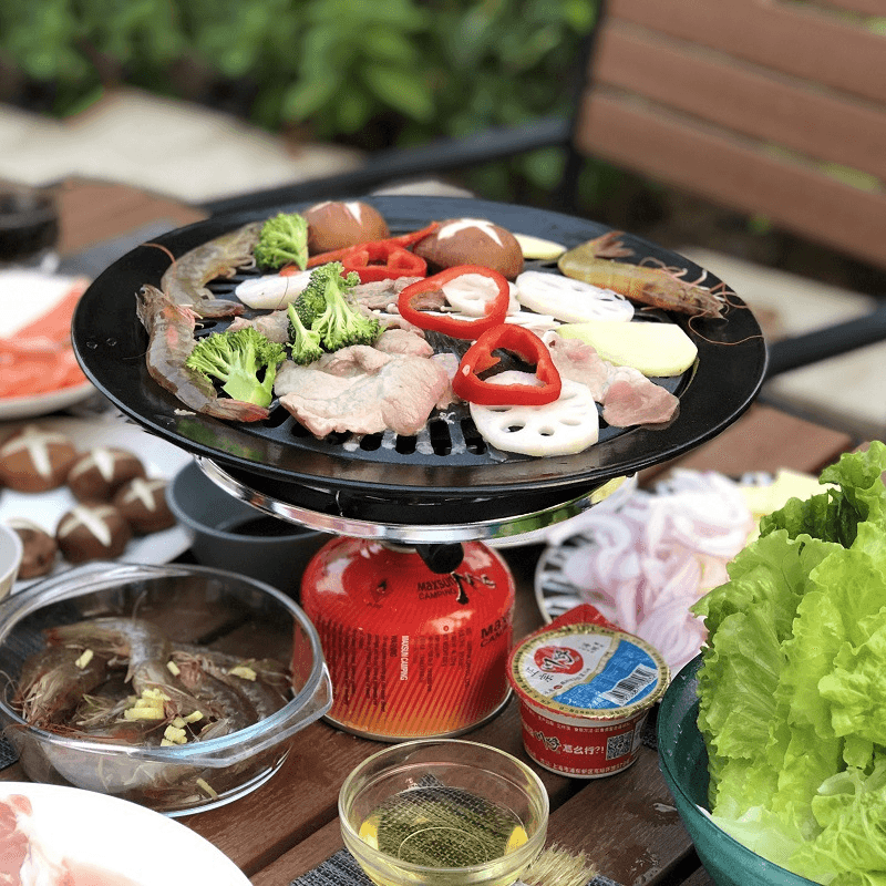 Portable Korean Outdoor Barbecue Gas Grill Pan Camping Gas Stove Plate BBQ Roasting Cooking Tool Sets