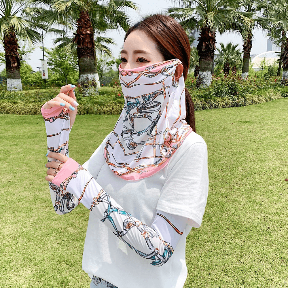 Women Two-Pieces Sunscreen Outdoor UV Protection Ice Silk Sleeve Arm Guard Sleeve Cover Face Breathable Veil Mask