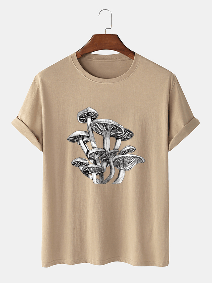 Mens Mushroom Sketches Print 100% Cotton O-Neck Short Sleeve T-Shirt