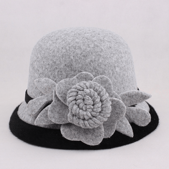 Women Warm Woolen Bowler Hat Flower Ethnic Bucket Hat - MRSLM