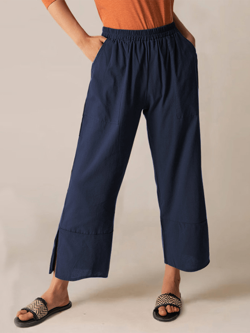 Casual Fork Elastic Waist Ninth Fork Solid Loose Fit Pants for Women