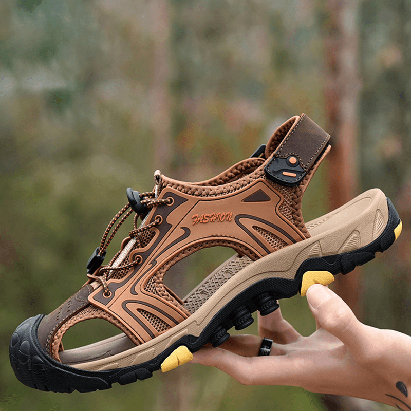 Men Anti-Collision Toe Cap Outdoor Hiking Genuine Leather Sandals