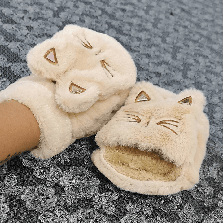 Women Plush plus Thicken Cute Cartoon Cat Pattern Keep Warm Half-Finger Gloves - MRSLM