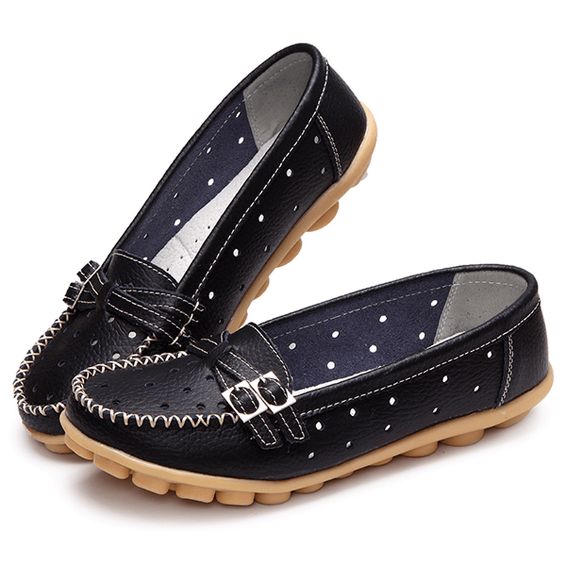 Women Flat Hollow Out Casual Soft Leather Slip on round Toe Loafers