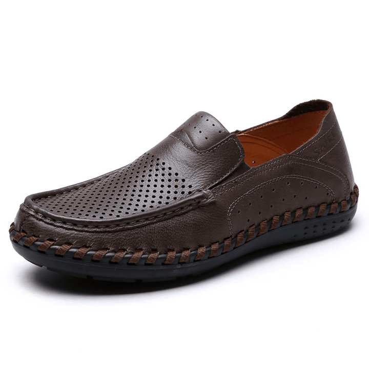 Men Leather Breathable Hollow Out Hand Stitching Soft Sole Non Slip Comfy Casual Shoes