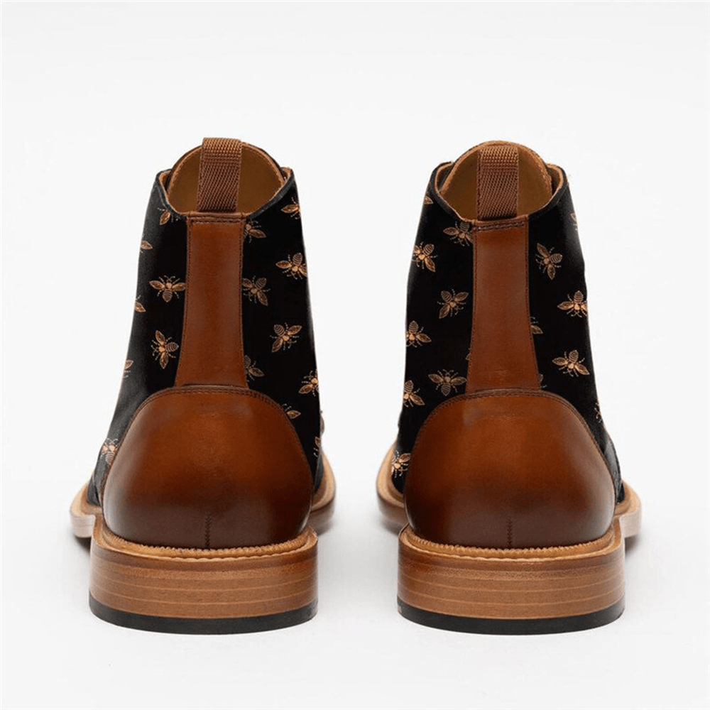 Men British Style Cap Toe Splicing Bees Printed Cloth Ankle Jack Boots