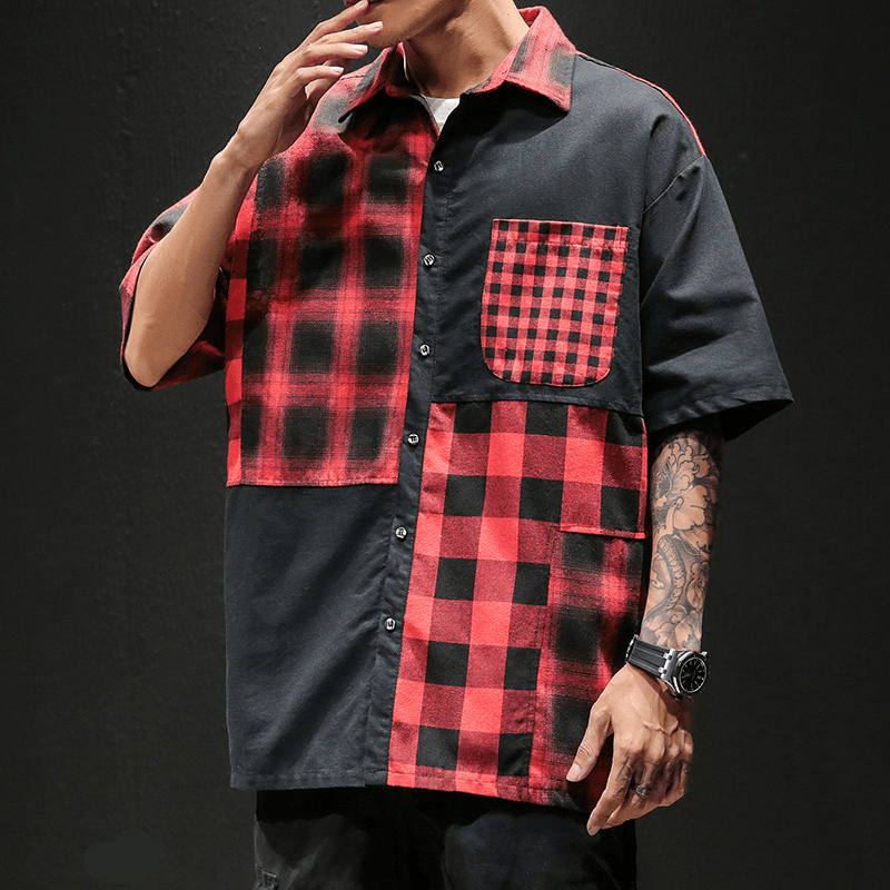 Plaid Shirt Loose Contrast Color Asymmetric Stitching Shirt Jacket