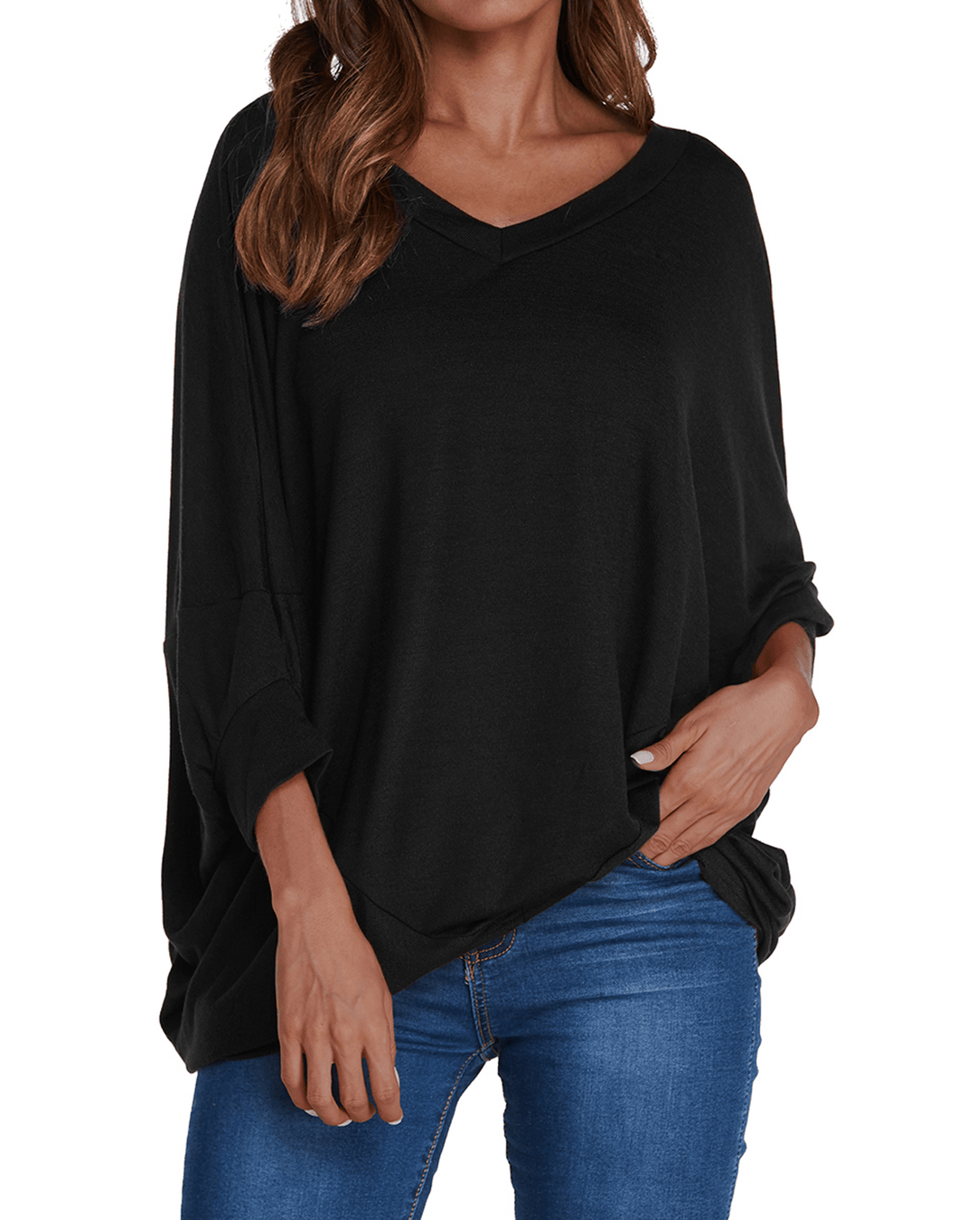 Women Pullover V Neck Long Sleeve Irregular Hem Casual Loose Blouse