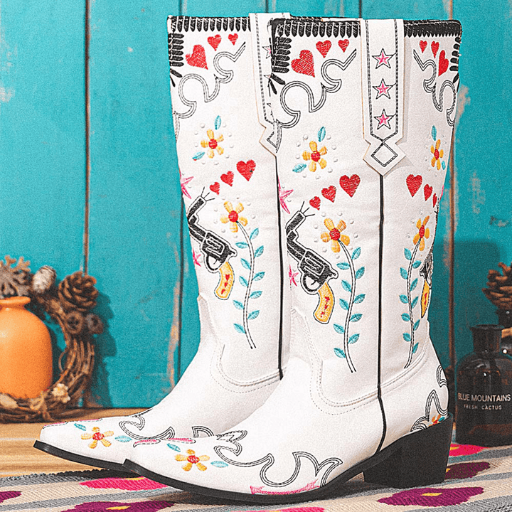 Women Floral Sweet Embroidery Leather Pointy-Toe Chunky Heel Mid-Calf Knight Boots