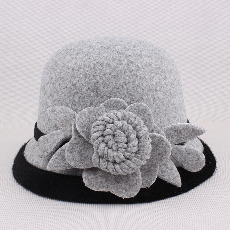 Women Warm Woolen Bowler Hat Flower Ethnic Bucket Hat