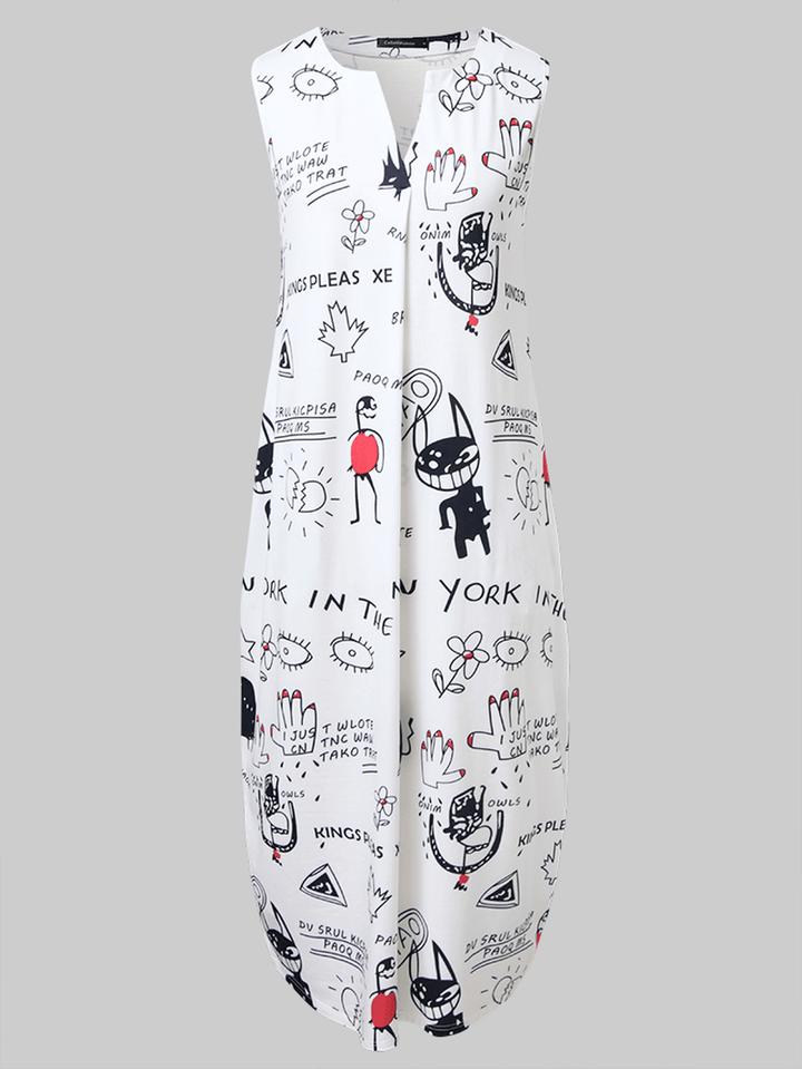 Cartoon Fun Graffiti Print Sleeveless V-Neck Casual Dress with Pocket