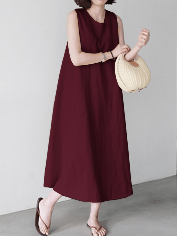 Women Solid Color Sleeveless O-Neck Casual Elegant Dress with Pockets