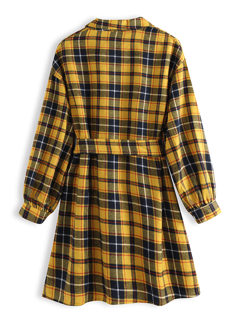 Chic Long Sleeved Lapel Belted Long Sleeve Plaid Shirt Dress for Women