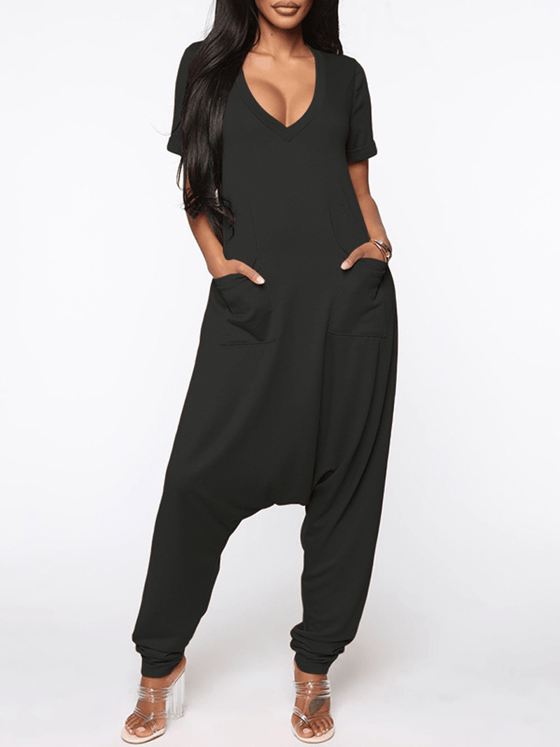 Women Short Sleeve V-Neck Loose Pocket Harem Jumpsuits - MRSLM