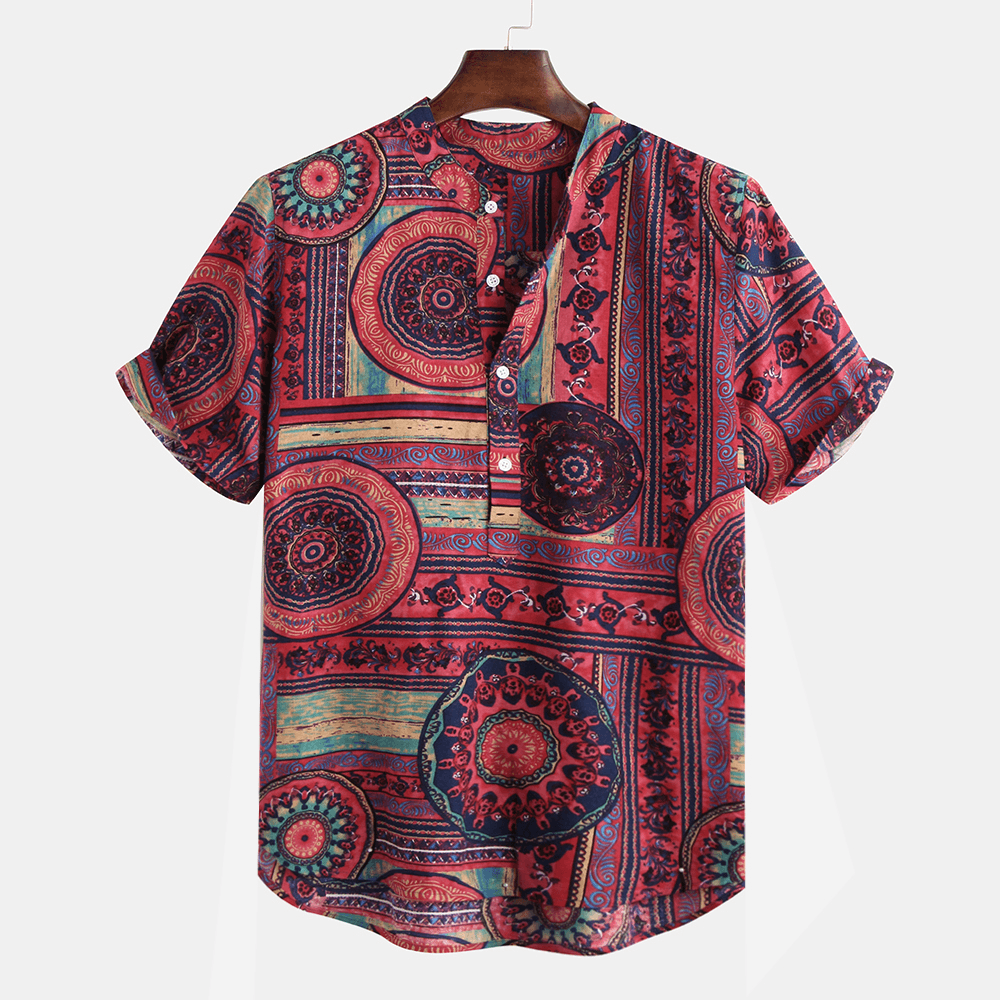 Mens Ethnic Style Printed Breathable Summer Henley Shirts