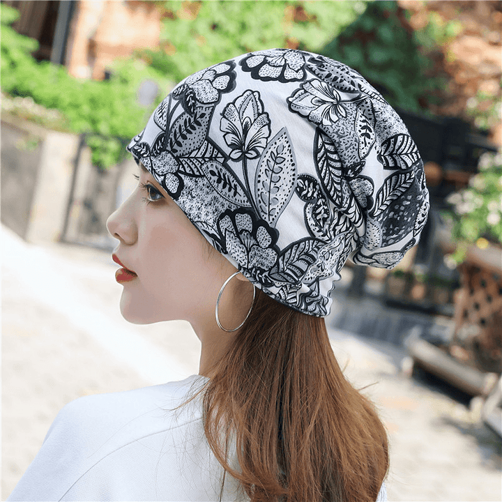 Women Cotton Floral Leaf Printing Pattern Casual Outdoor Dual-Use Neck Protection Brimless Beanie