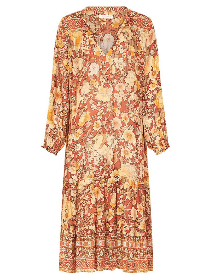 Bohemian Floral Print V-Neck Long Sleeve Mid-Long Dress