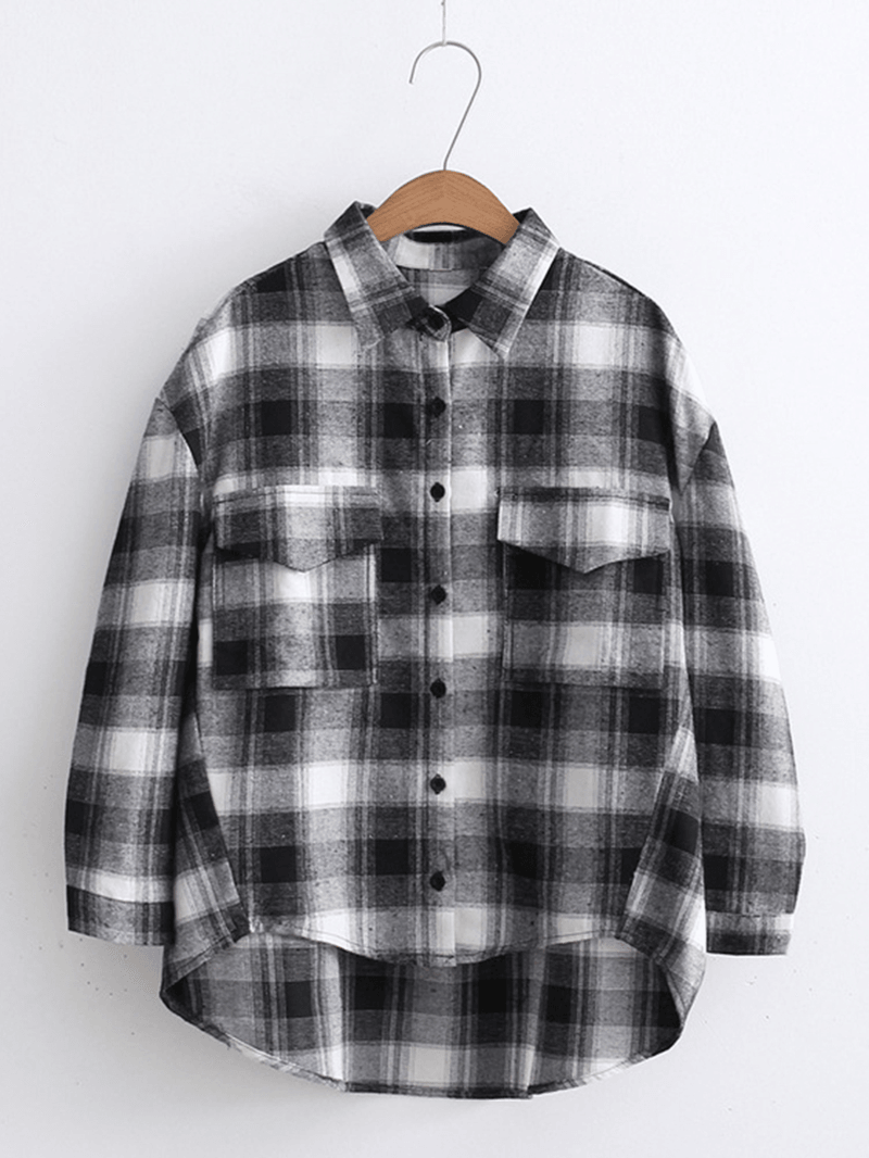 Loose Plaid Long Sleeve Turn-Down Collar Blouse