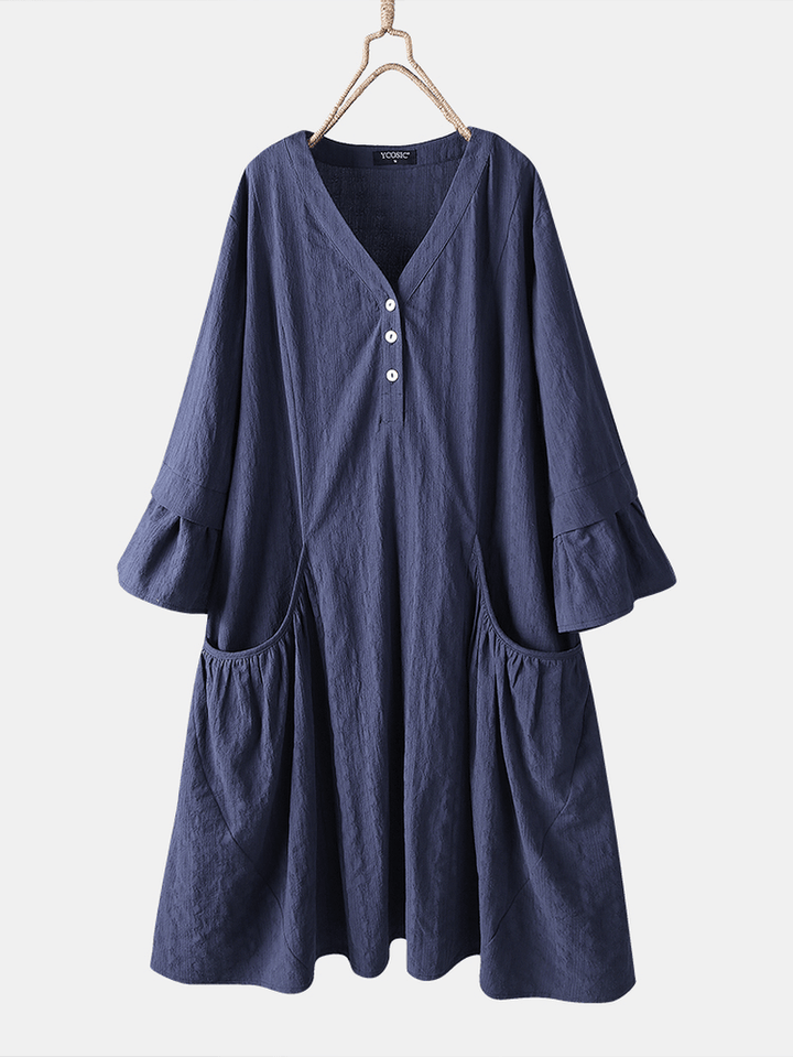 Casual Solid Color Cotton Half Bell Sleeve V-Neck Button Dress with Pocket