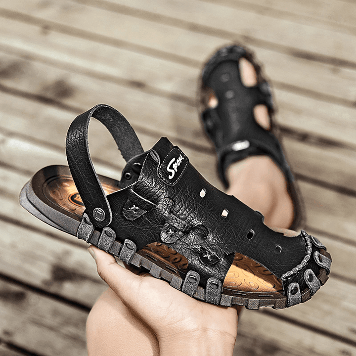 Men PU Sandals Two-Ways Breathable Closed Toe Casual Vintage Slippers