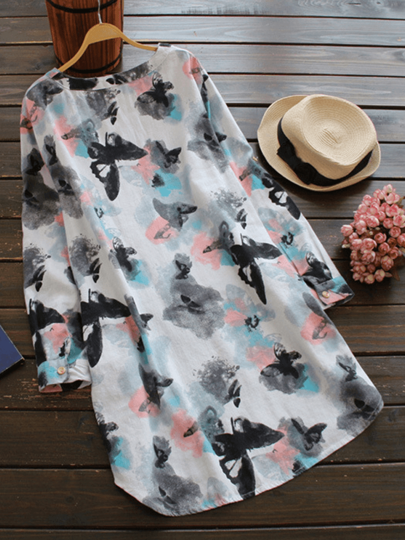 Ink Printed V Neck Buttons Long Sleeve Shirt Dress