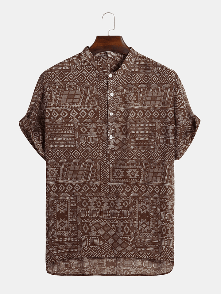 Mens Abstract Printing Ethnic Style Short Sleeve Loose Casual Henley Shirts - MRSLM