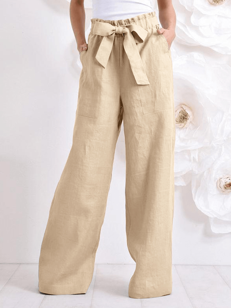 Women Cotton High Drawstring Elastic Waist Loose Solid Wide Leg Pants