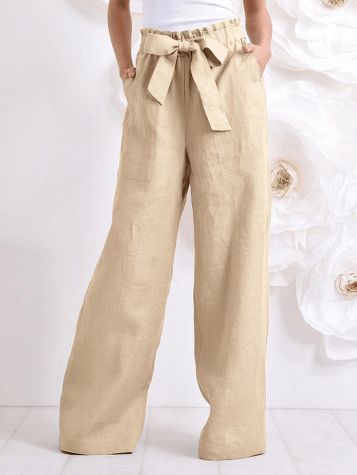 Women Cotton High Drawstring Elastic Waist Loose Solid Wide Leg Pants