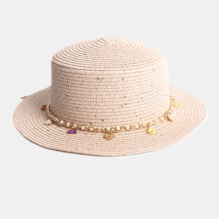 Women Sunscreen Summer Outdoor Casual Pearl Decoration Sun Hat Straw Hat