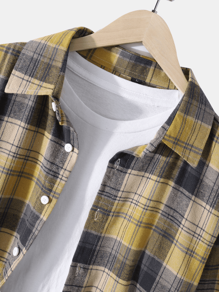 Mens Cotton Plaid Lapel Button up Long Sleeve Shirts