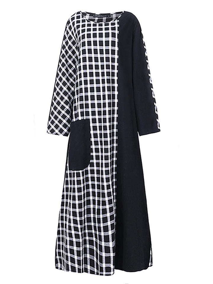 Plaid Patchwork round Neck Long Sleeve Casual Maxi Dress