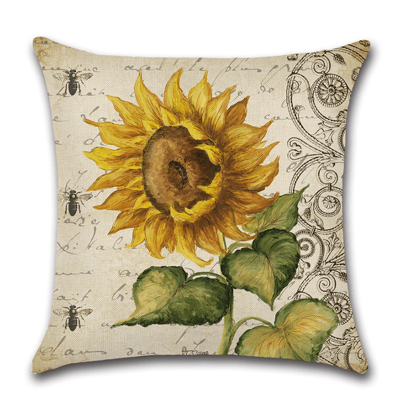 18 X 18 Inches Sunflower Throw Pillow Case Green Cushion Cover Cotton Linen Decorative Pillows Covers