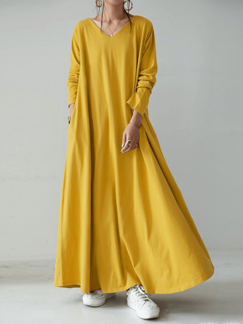 Women Casual Solid Color V-Neck Loose Long Sleeve Swing Maxi Dress - MRSLM