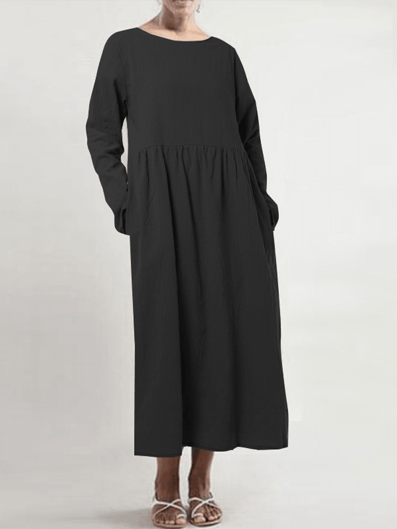 Women Cotton Crew Neck Long Sleeve Solid Casual Dress