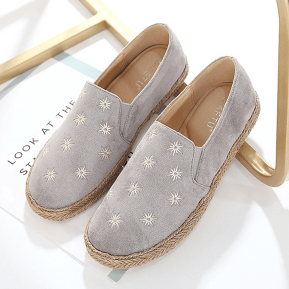 Women Casual Suede round Toe Star Embroidered Espadrilles Fisherman'S Flats Loafers