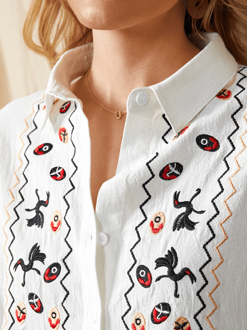 Women White Lapel Ethnic Embroidery Daily Casual Long Sleeve Shirts