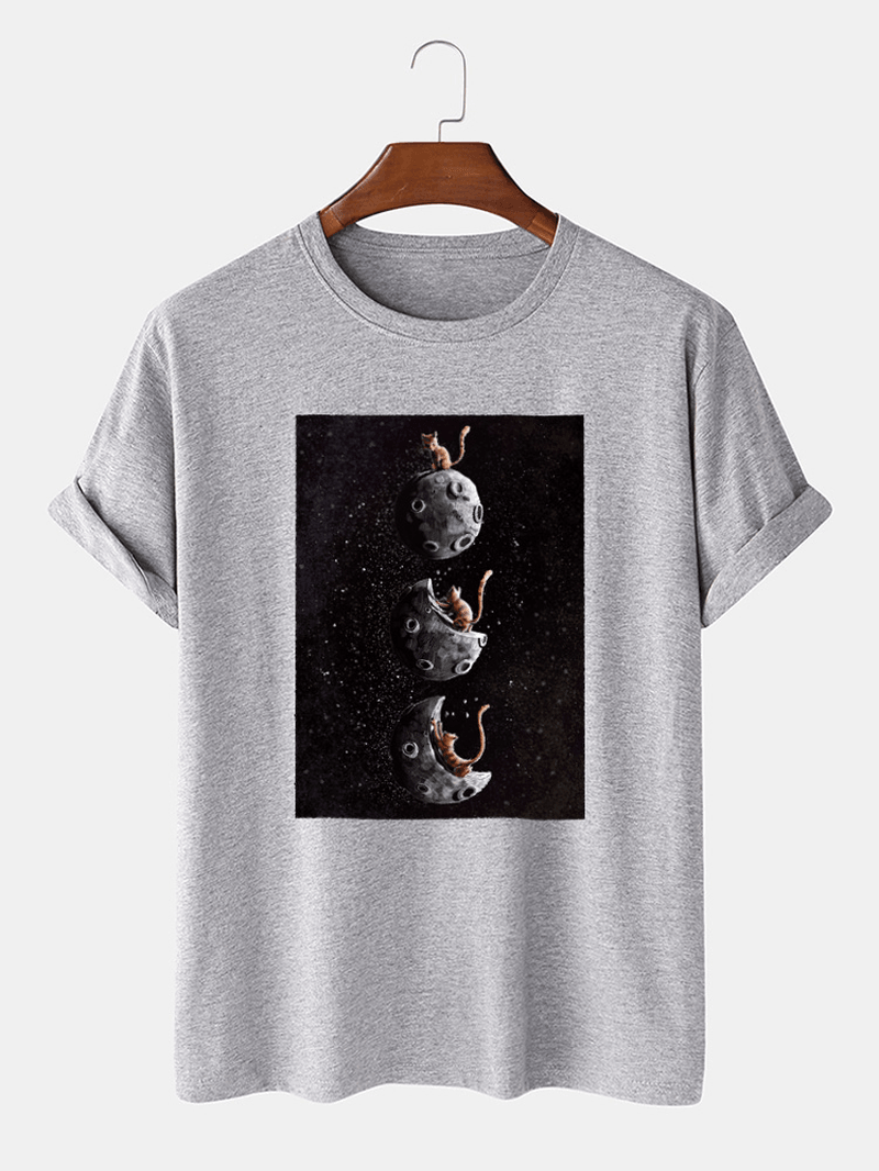 Mens 100% Cotton Space Cat Graphic Print Casual Short Sleeve T-Shirt