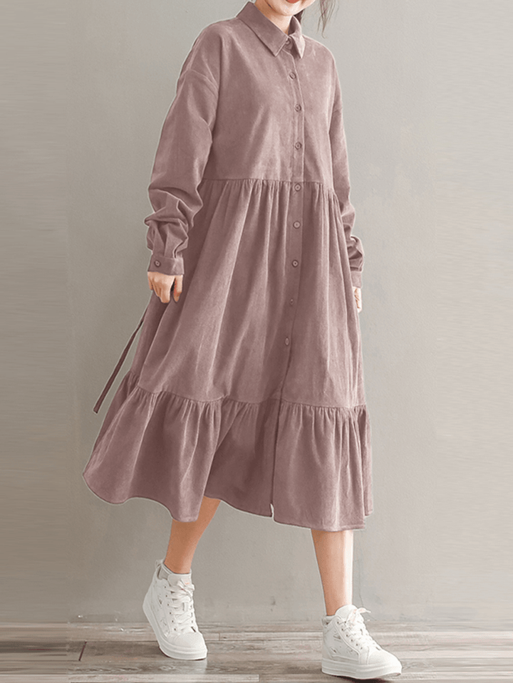 Women Corduroy Casuallace-Up Ruffles Hem Loose Full Sleeve Mid-Calf Length Midi Dress