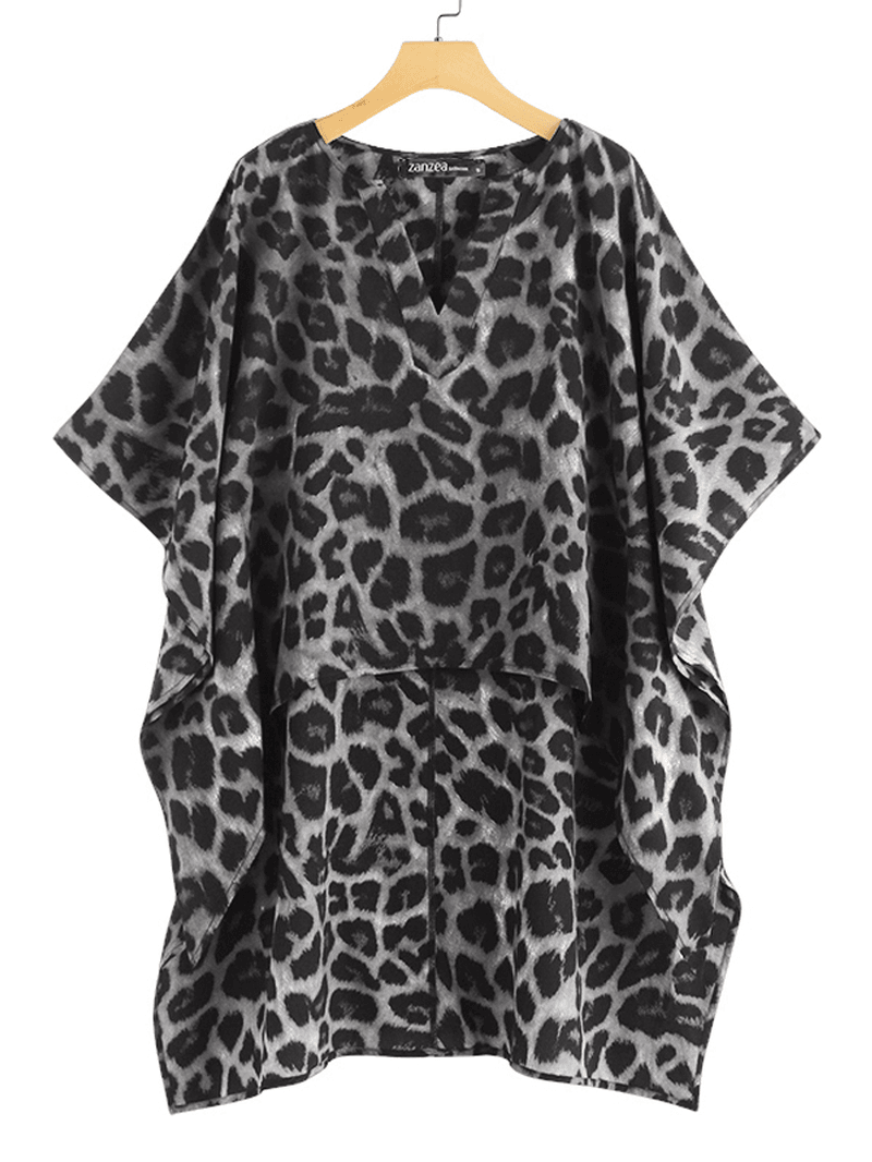 Women Leopard Print Irregular Hem V-Neck Casual Blouse