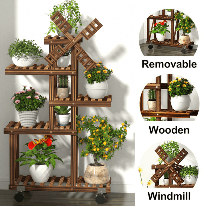 Multi-Tier Wooden Plant Flower Stand Plants Shelf Bookshelf Standing Flower Potted Windmill Plant Holder Display Outdoor Decor + Planting Tools Kit with Wheel