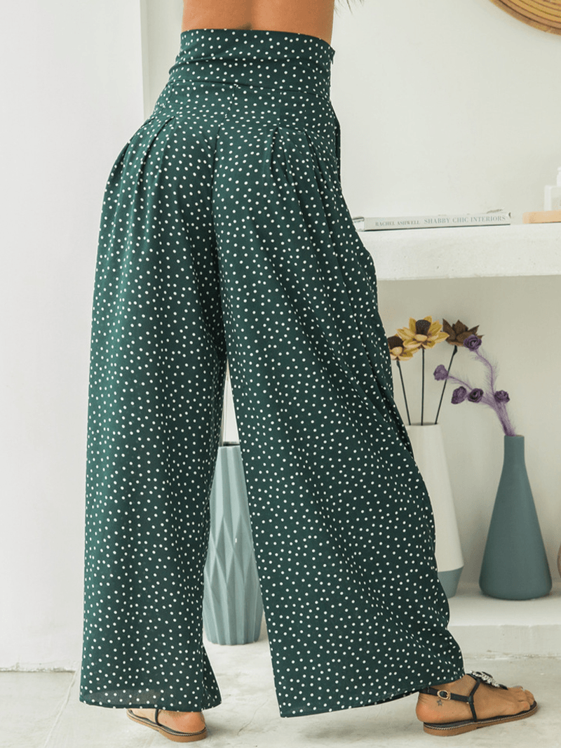 Casual Polka Dot Print High Waist Bow Wide Pants with Pocket